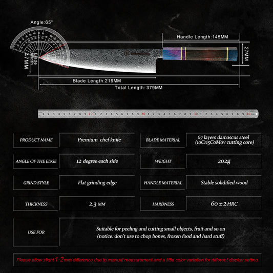 Grandsharp 9'' Chef Knife 67 Layer Damascus Carbon Steel Kitchen Chef Gyuto Knives Cutting Stable Solidfied Wood Handle