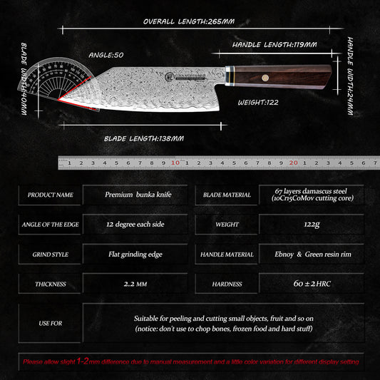 Grandsharp Handmade Damascus Bunka Prep Knife with Ebony Handle