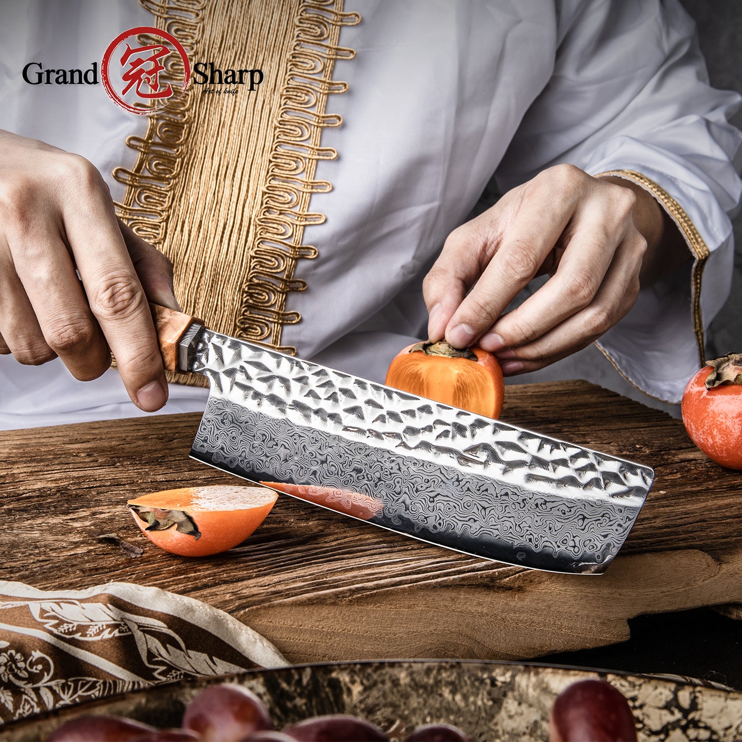 Grandsharp Original Design AUS-10 Damascus Nakiri Knife New Blade Technique