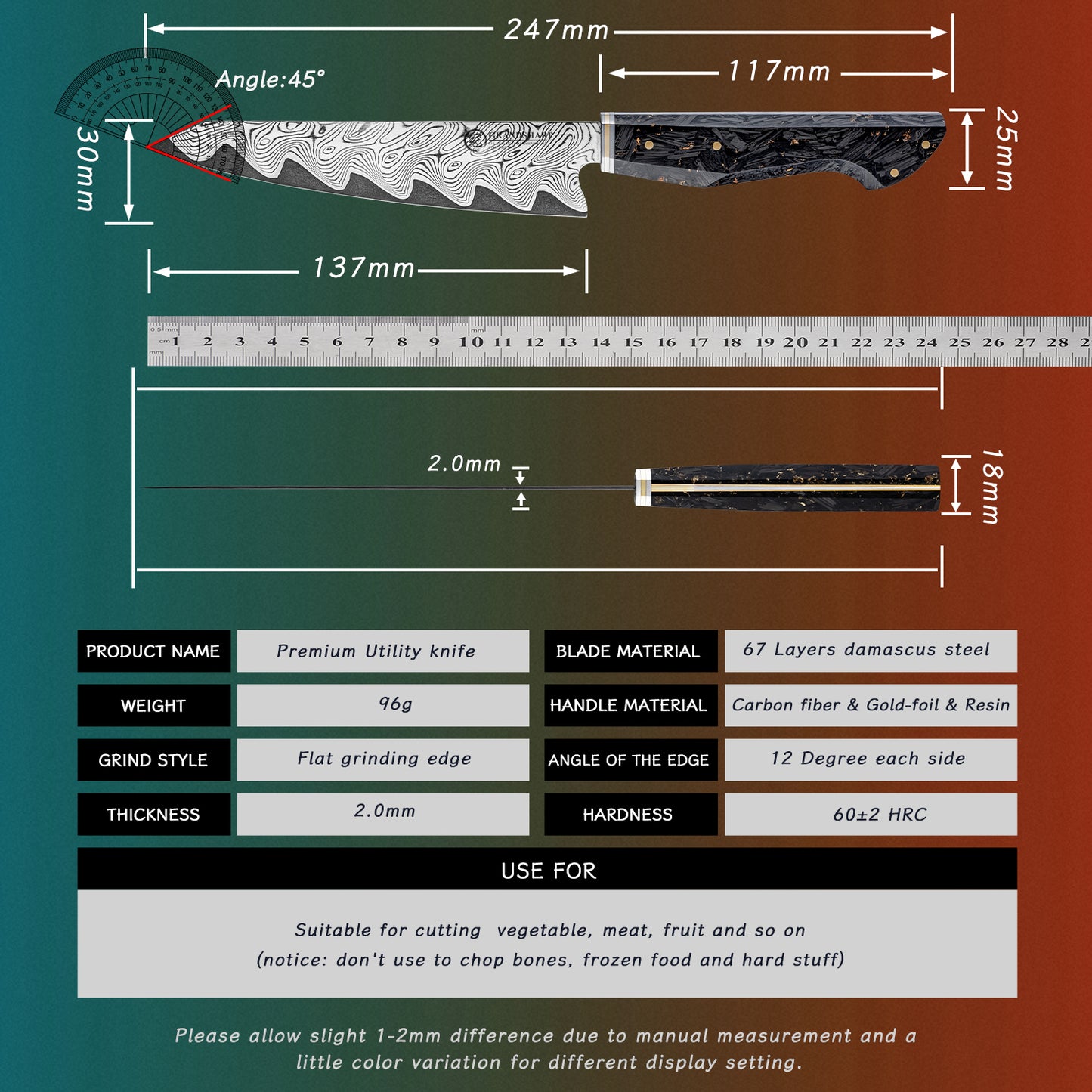 Grandsharp 5.3"Utility Knife 67 Layers Damascus AUS-10 High Carbon Steel Carbon Fiber & Gold-Foil & Resin Handle Fruit Knives