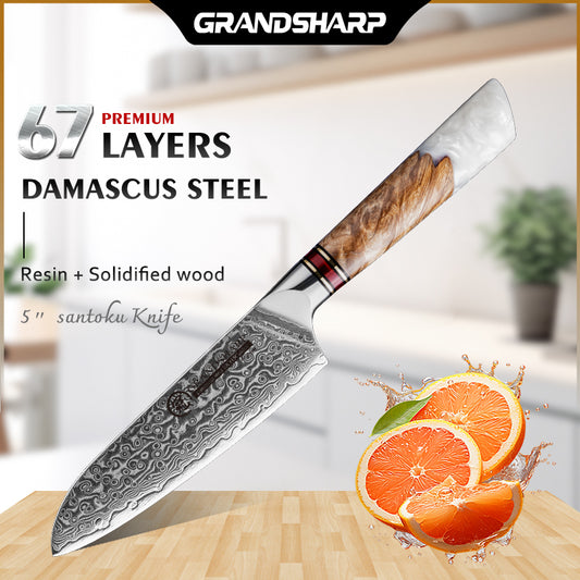 Grandsharp 5''Santoku Knife 67 Layers Damascus Steel 10Cr15C0Mov Kitichen Knives Chef Knife Meat Cooking Tools with Resin Handle