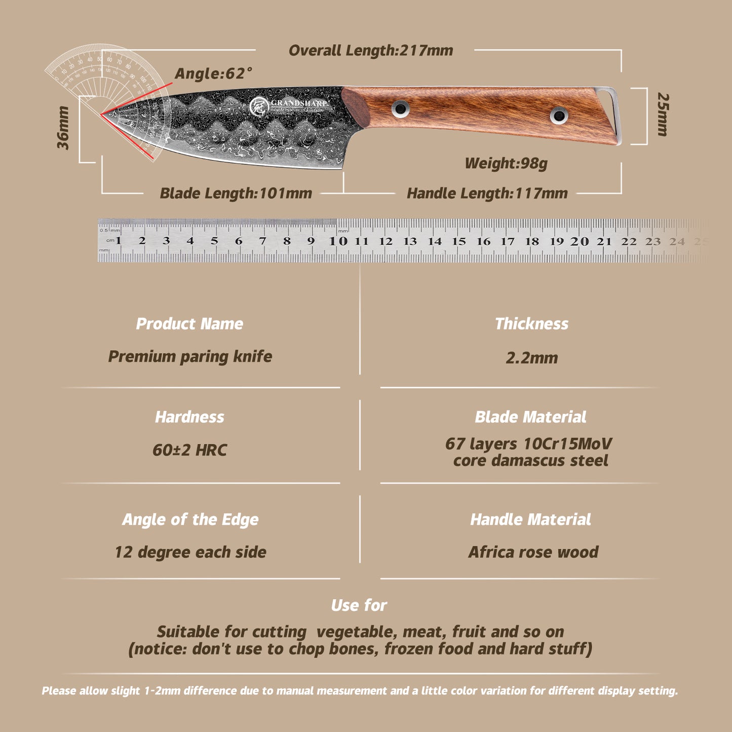 Grandsharp Kitchen 4 Inch Paring Damascus Steel Knife with Africa Rose Wood Handle