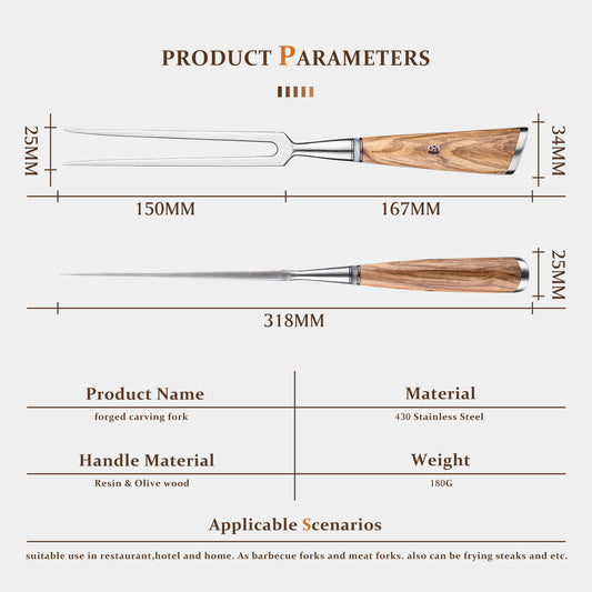 Grandsharp Forged Carving Fork 430 Stainless Steel Professional Meat Fork Resin Olive Wood Handle BBQ Tool Kitchen Essential