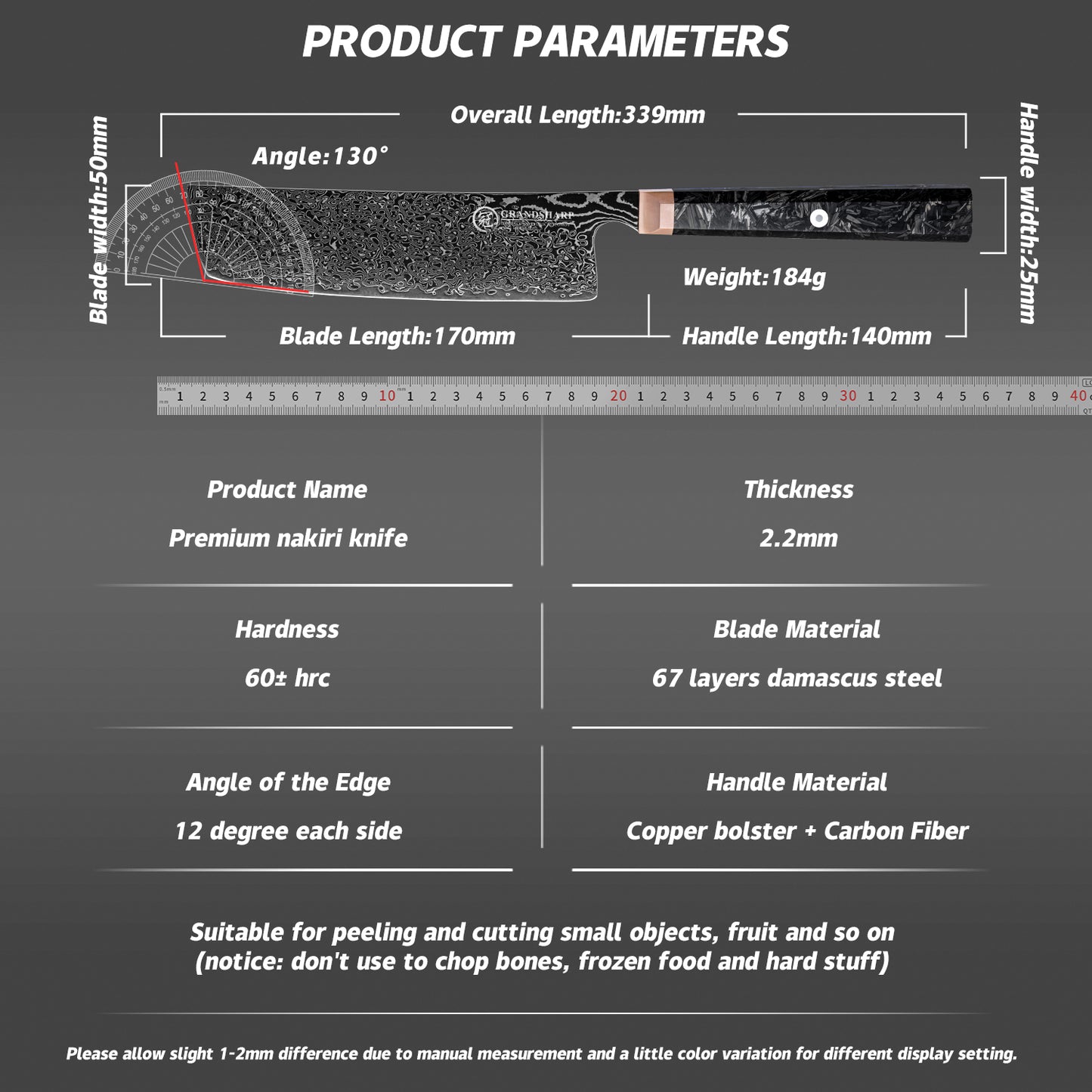 Grandsharp 7'' Premium Japanese 67 Layers Damascus Steel Nakiri Kitchen Knife Black Kitchen Nakiri Knives Carbon Fiber Handle