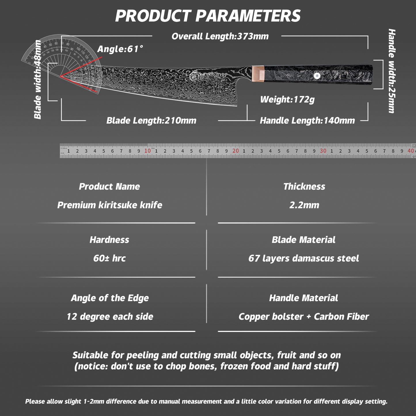 Grandsharp 8.5 Inch 67 Layers Damascus Steel Japanese Cooper Black Kitchen Kiritsuke Chef Knives Cutting Carbon Fiber Handle