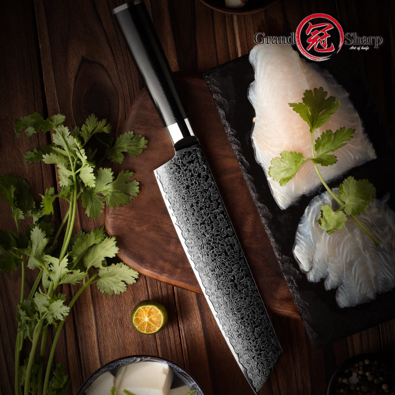 Grandsharp Black Handle 10Cr15CoMoV Damascus Kiritsuke Knife