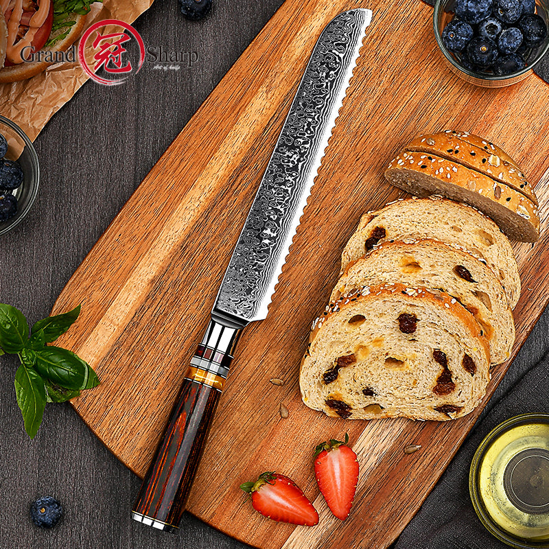 High Quality 8" Inch Ultra Sharp 67 Layers High Carbon Damascus Steel Kitchen Knife Serrated Bread Knife with Pakka Wood Handle