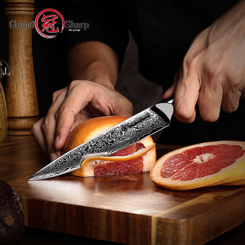 Grandsharp 5'' High Quality 67 Layers Utility Knife Damascus Steel Multi-purposes Kitchen Knife with Carbon Fiber Handle