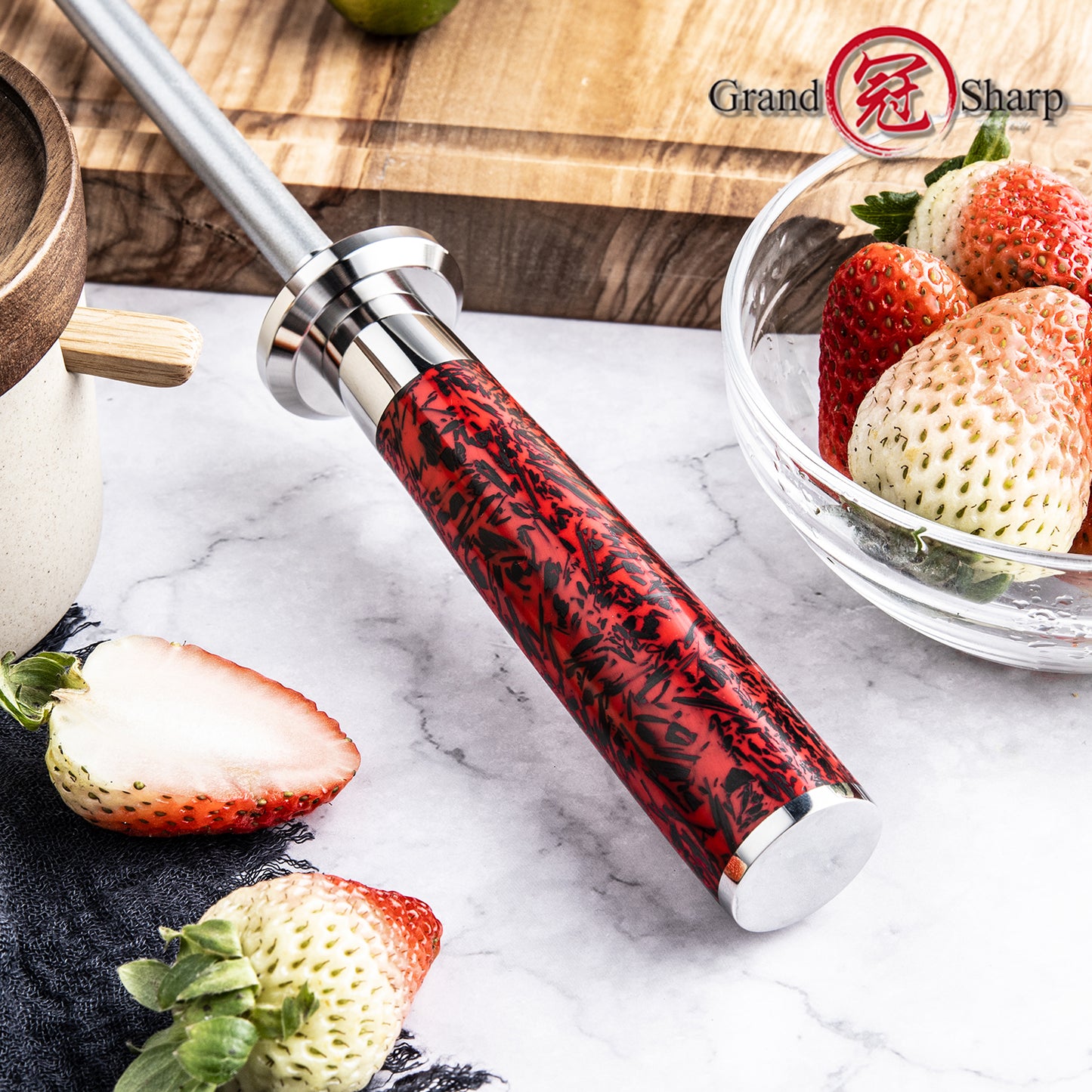 Grandsharp Knife Sharpening Rod 10 Inch Diamond Stainless Steel Sharpener Kitchen Knife Sharpener Red Resin Carbon Fiber Handle