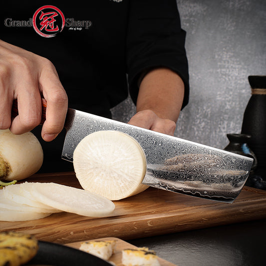 Grandsharp 7 Inch Damascus Nakiri Knife 67 Layers 10Cr15MoV Japanese Kitchen High Carbon Steel Nakiri Knife Sandal Wood Handle