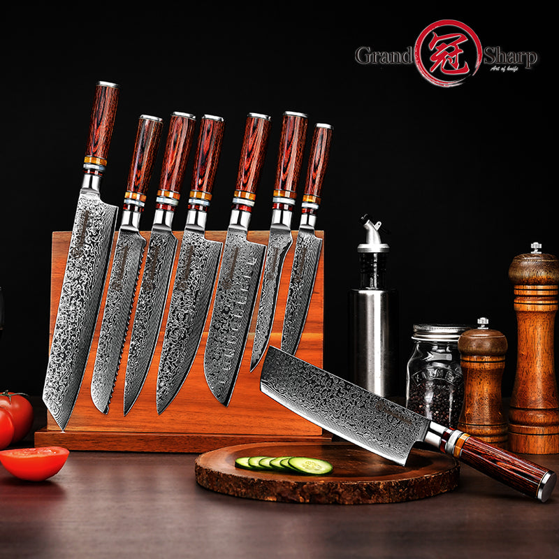 Grandsharp Hot-sale Damascus Kitchen Knife Set 67 Layers Damascus Steel Santoku Boning Kiritsuke Cleaver Utility Chef Knives Set