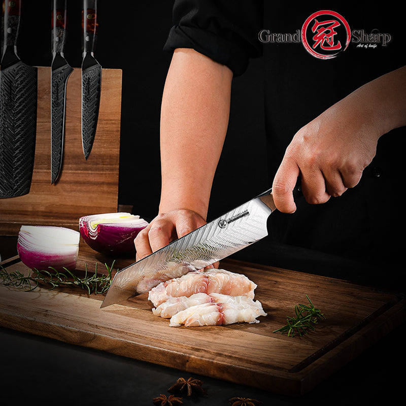 Grandsharp Damascus Steel Kitchen Knife Collection with Resin & Wood Handle