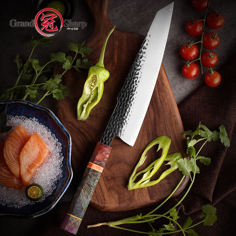 Grandsharp 9.5'' Handmade Forged Kitchen Knives 3 Layers AUS10 Steel Kiritsuke Knife Solidified Wood Handle