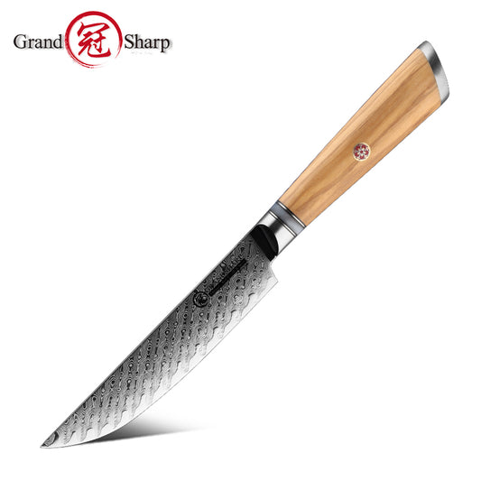 Grandsharp AUS-10 Damascus Steak Knife with Olive Wood Handle