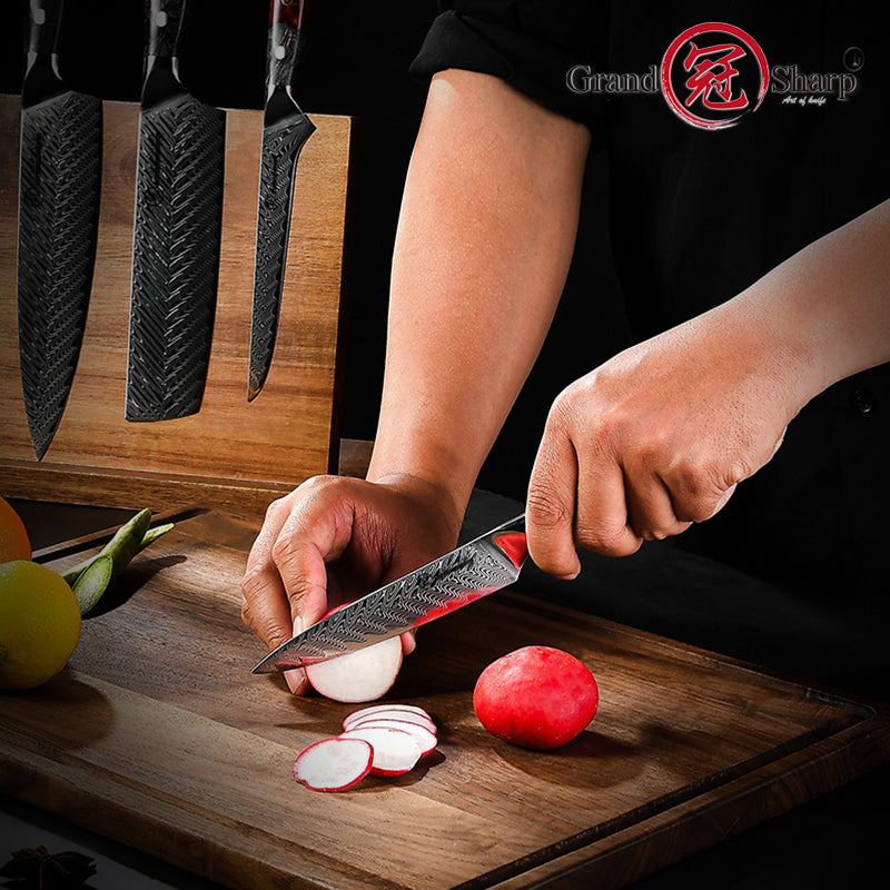 Grandsharp 5 Inch 67 Layers Damascus Steel Fruit Vegetable Chef Utility Knife With Resin and Solidfied Wood Handle