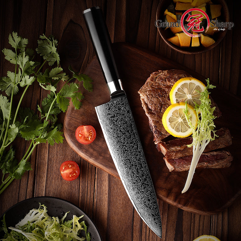 Grandsharp Black Handle 10Cr15CoMoV Damascus Chef Knife