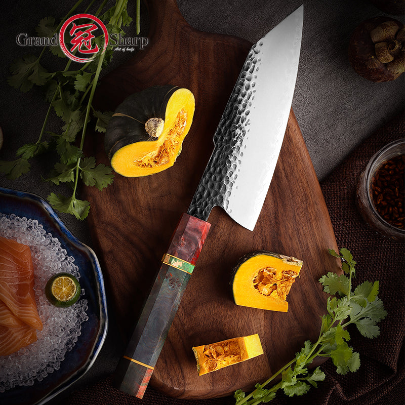 Grandsharp 7 Inch Handmade Forged 3 Layers AUS10 Steel Krirtsuke Knife Solidified Wood Handle