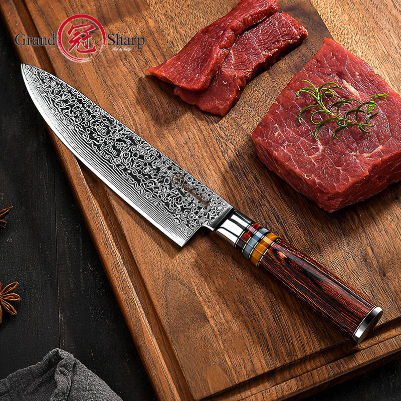 High Quality 7'' Santoku Knife 67 Layer Damascus Carbon Steel Santoku Chef Kitchen Knife Pakka Wood Handle