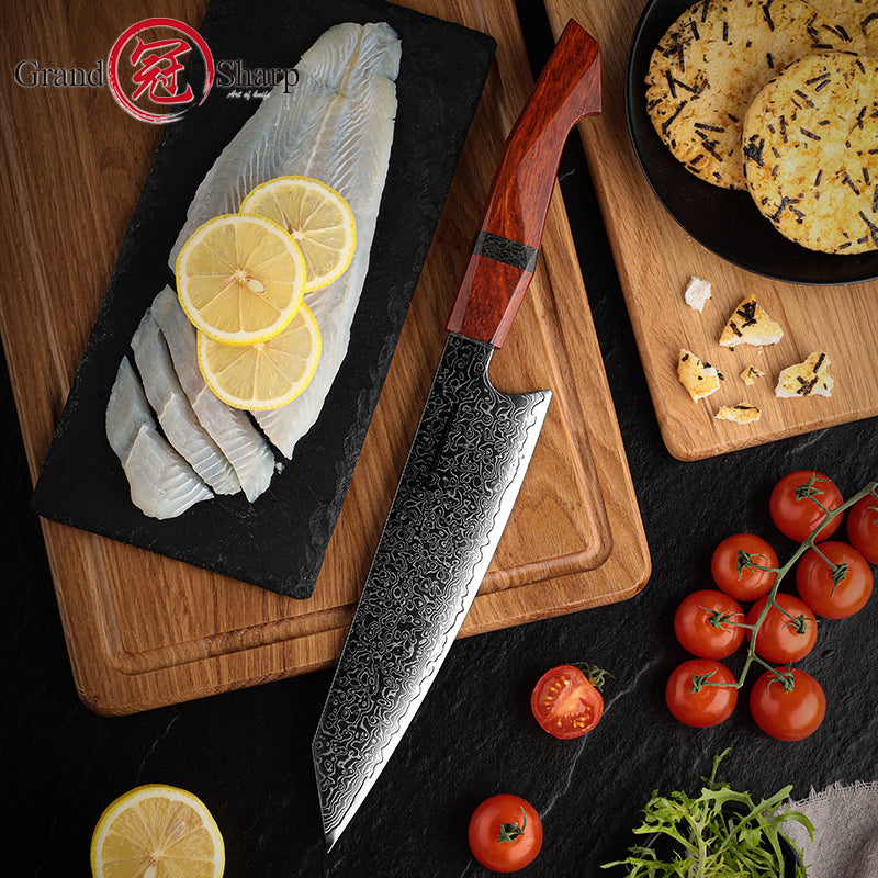 Grandsharp 7.5'' Damascus Steel Chef Kiritsuke Knife 67 Layers Japanese 10CR15MOV Steel Kitchen Chef Knives Sandal Wood Handle