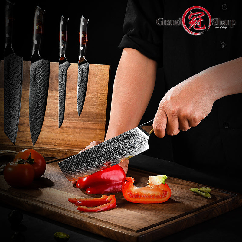 Grandsharp 7"Nakiri Chef Knife 67 Layers Damascus Steel AUS10 Kitchen knife with Resin and Solidified Wood Handle