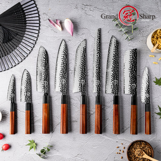 Grandsharp Handmade Forged San Mai Steel Kitchen Chef Knife Set with Mkuruti Wood Handle