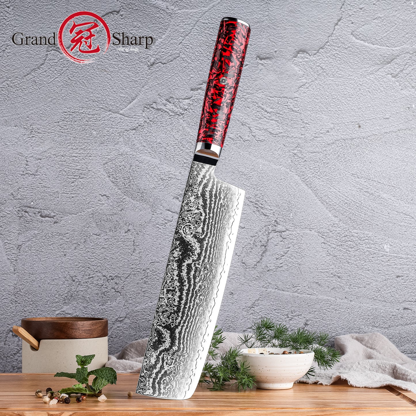 Grandsharp Custom 67 Layers S35VN Damascus Nakiri Knife Carbon Fiber and Red Risen Handle