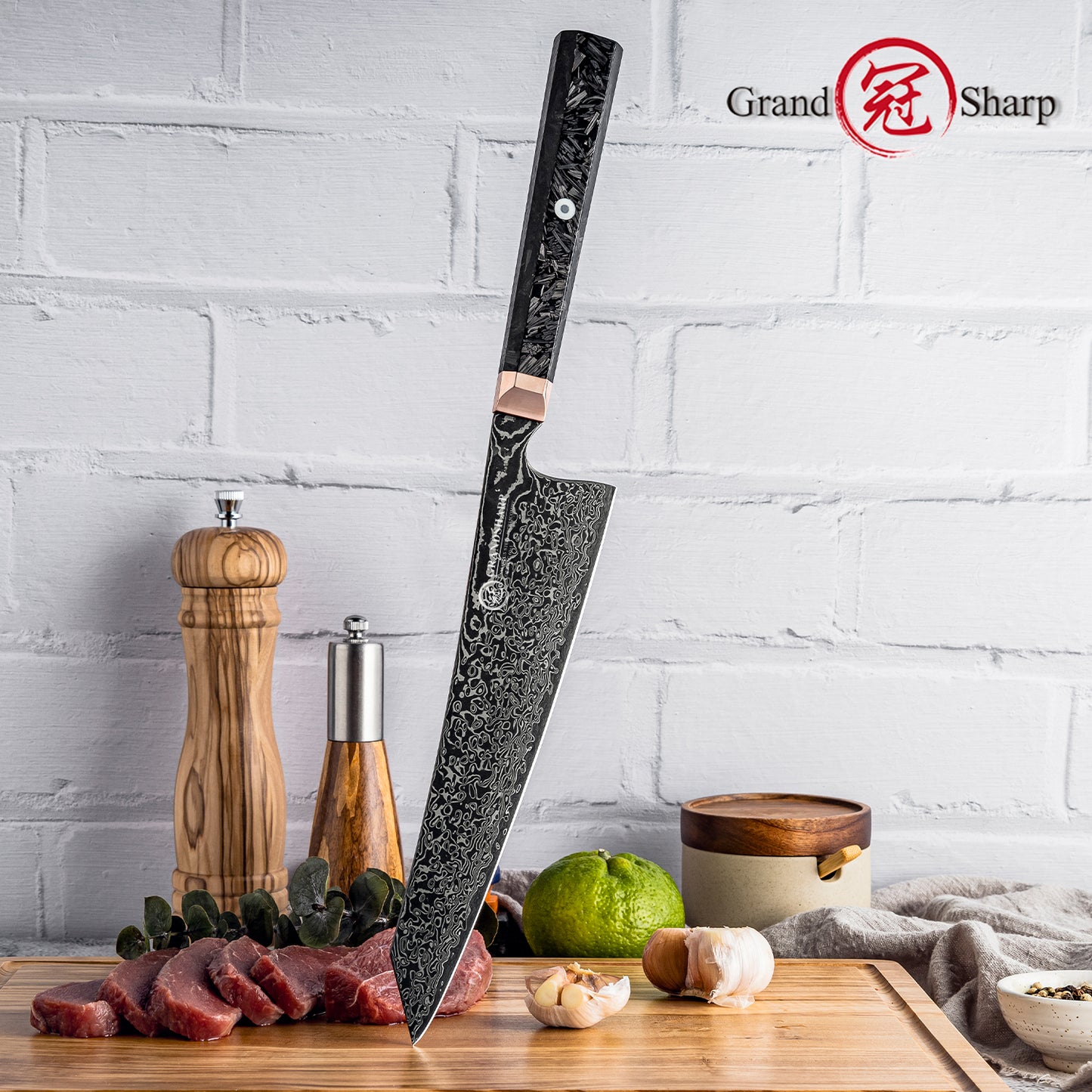 Grandsharp 8.5 Inch 67 Layers Damascus Steel Japanese Cooper Black Kitchen Kiritsuke Chef Knives Cutting Carbon Fiber Handle