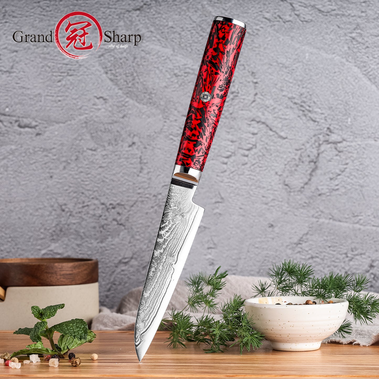 Grandsharp 4 Inch Japanese Damascus 67 Layers S35VN Steel Paring Knife Little Kitchen Paring Knife Carbon Fiber Red Risen Handle