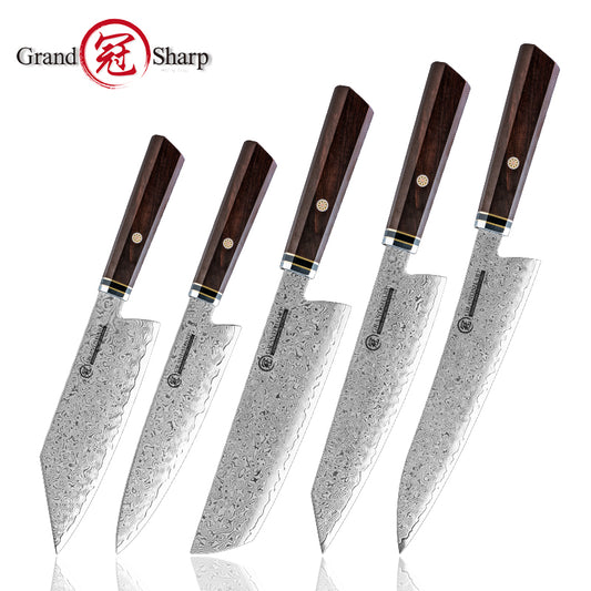 Grandsharp Handmade Damascus Kitchen Knife Collection with Ebony Handle