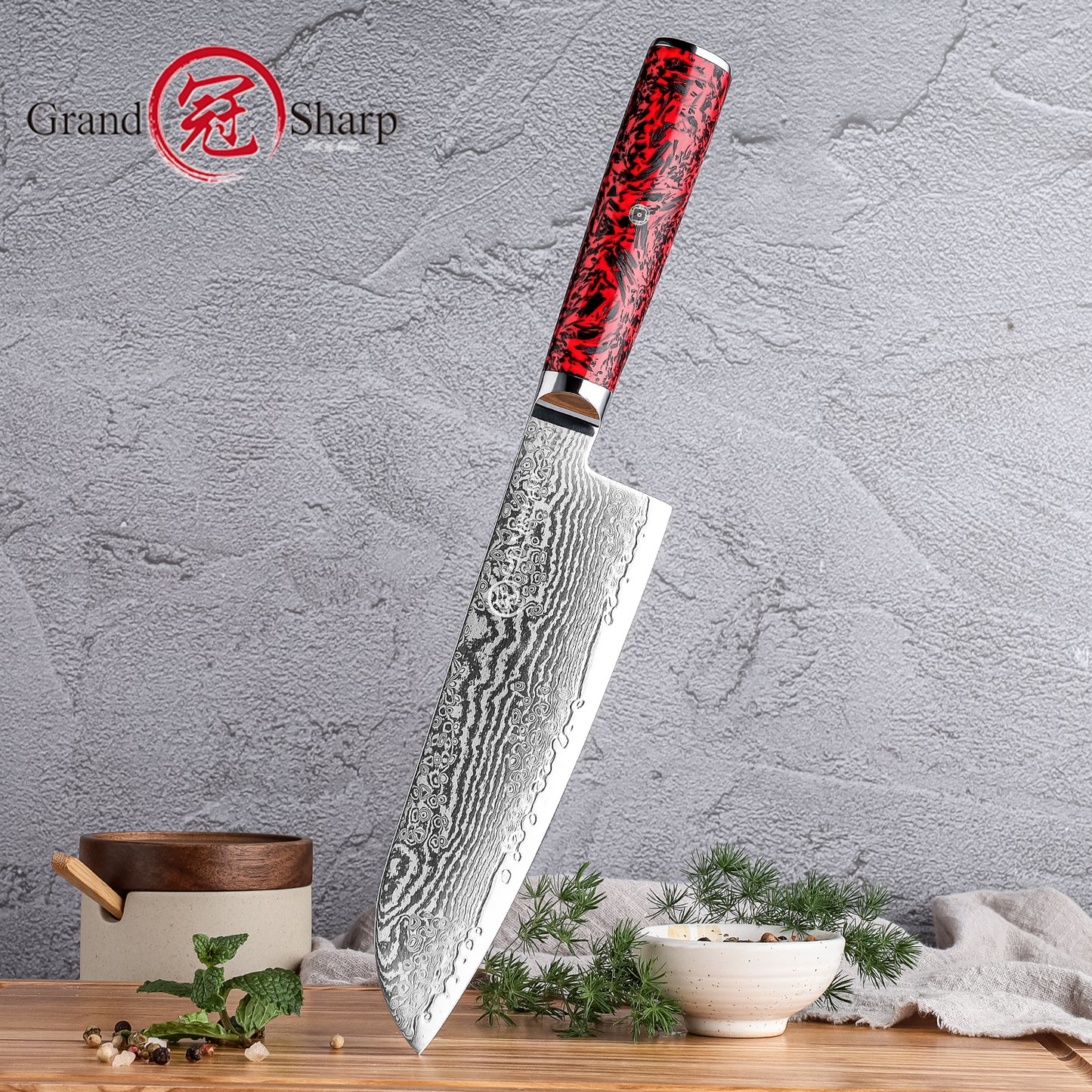 Grandsharp 7'' Santoku Knife 67 Layers S35VN Damascus Steel Carbon Fiber Red Risen Handle