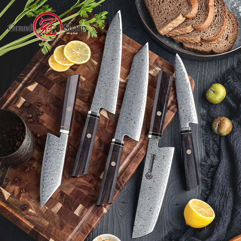 Grandsharp Damascus Kitchen Knife Set Chef Kiritsuke Santoku Nakiri Utility Knife with Ebony Handle