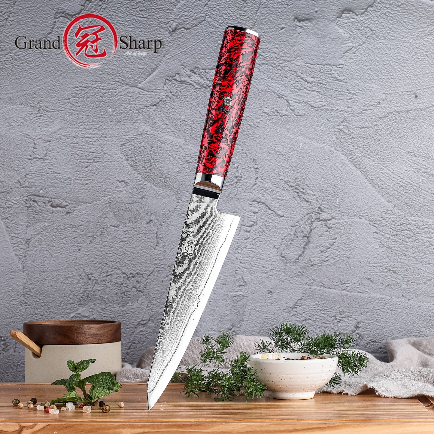 Grandsharp 67 Layers Damascus S35VN Steel Multifunction 6" Utility Knives Carbon Fiber Red Risen Handle