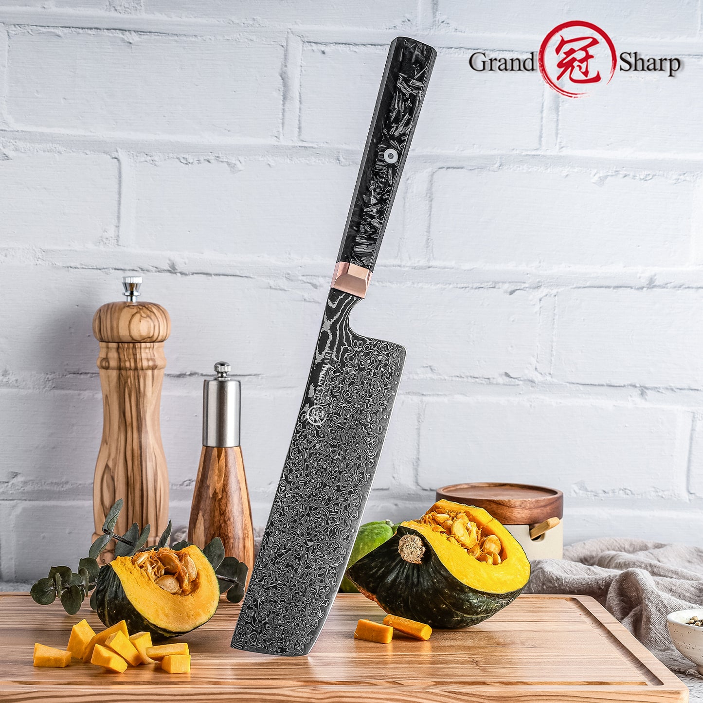Grandsharp 7'' Premium Japanese 67 Layers Damascus Steel Nakiri Kitchen Knife Black Kitchen Nakiri Knives Carbon Fiber Handle