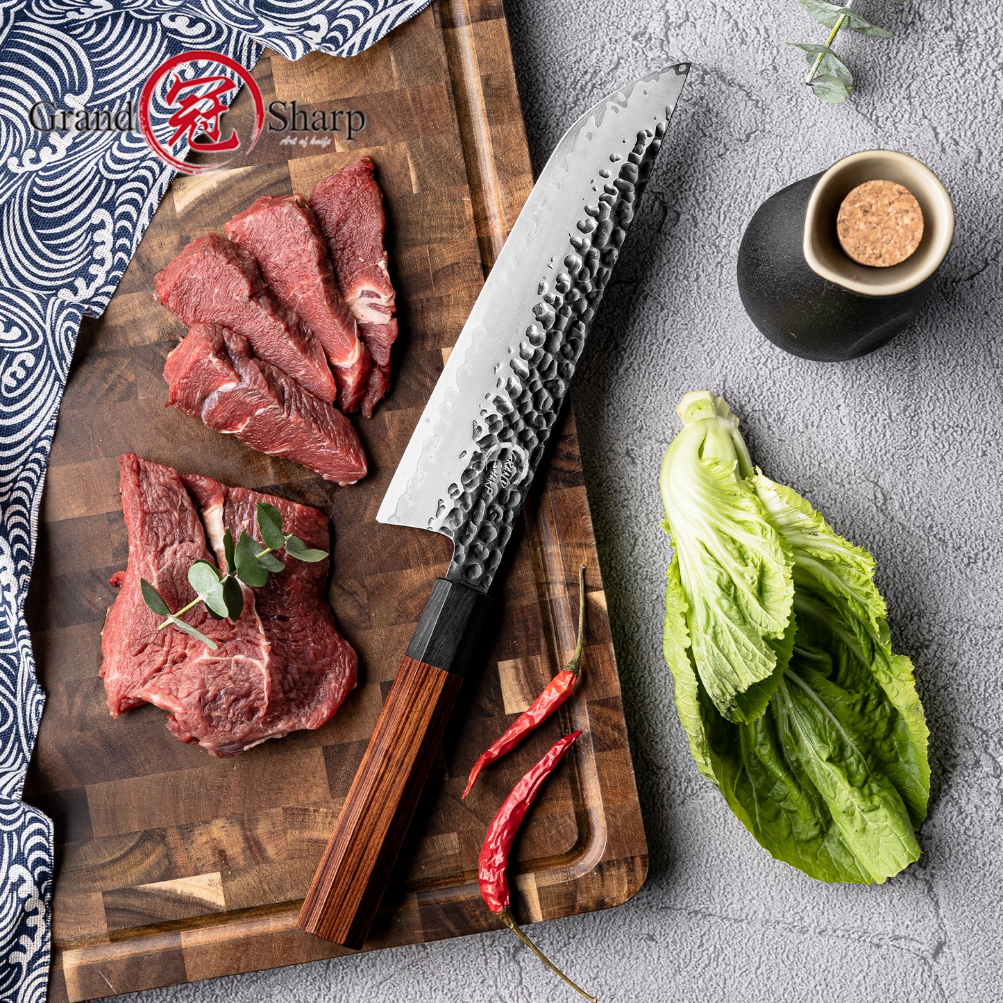Grandsharp 8 Inch Kitchen Sakimaru Knife Handmade AUS10 Steel Sakimaru Knives Meat Cutting with Mkuruti Wood Handle