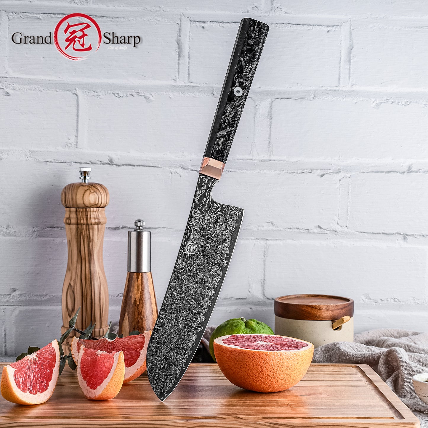 Grandsharp 7 Inch 67 Layers Damascus Steel Kitchen Santoku Knife Japanese Black Kitchen Chef Santoku Knife Carbon Fiber Handle
