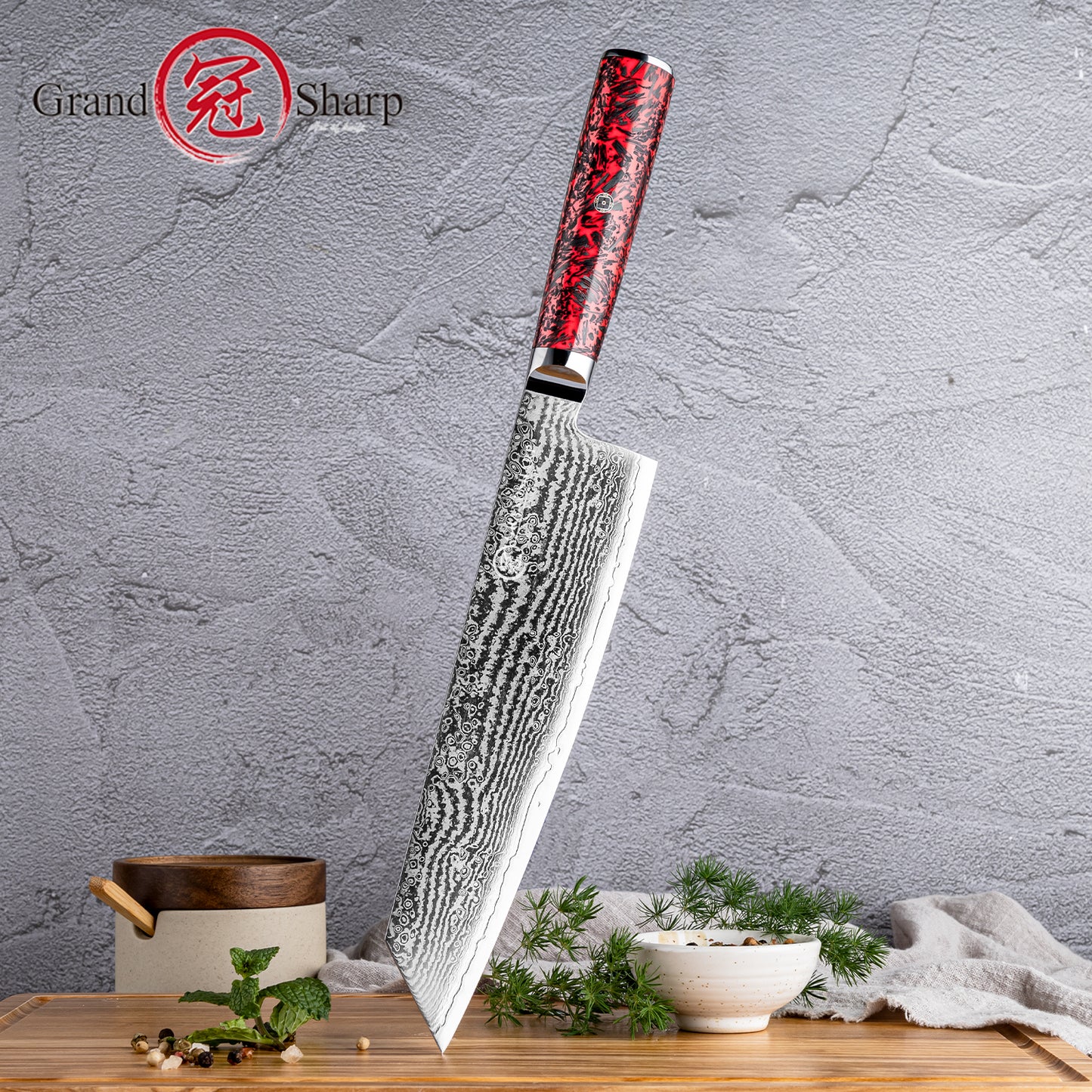Grandsharp 67 Layers S35VN Damascus Steel Kiritsuke Knife Carbon Fiber Red Risen Handle