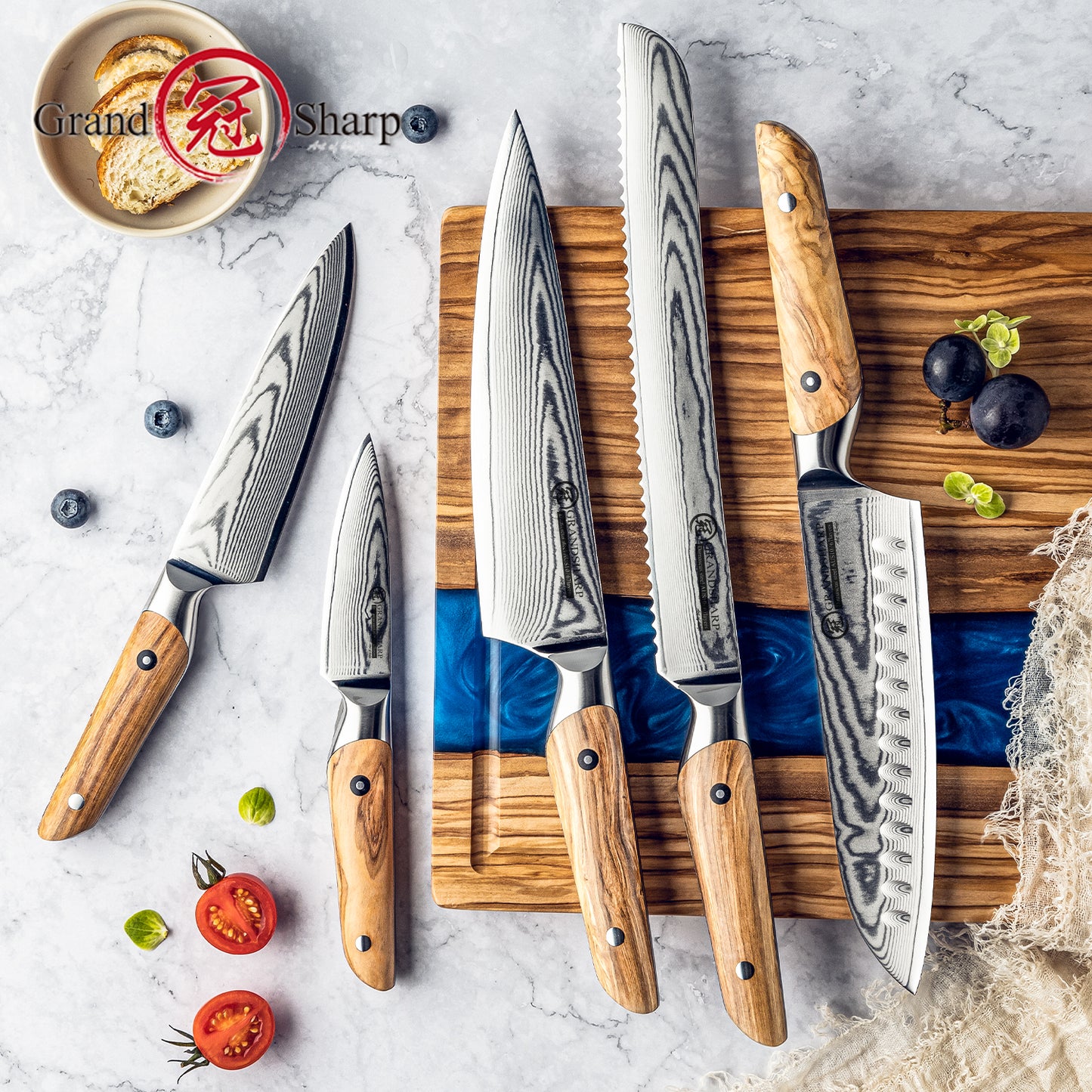 Grandsharp Premium Chef Knife Set 6 Pcs 67 Layers Damascus Steel Chef Kitchen Knives Sharpening Rod Sets with Olive Wood Handle