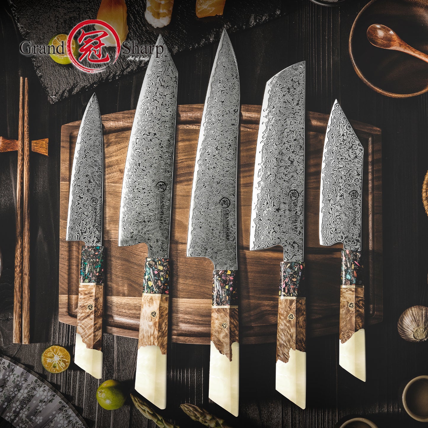 Grandsharp White Resin Handle Kiritsuke 67 Layers Real Damascus Chef Paring Utility Knife Multifunctional Kitchen Knives Set