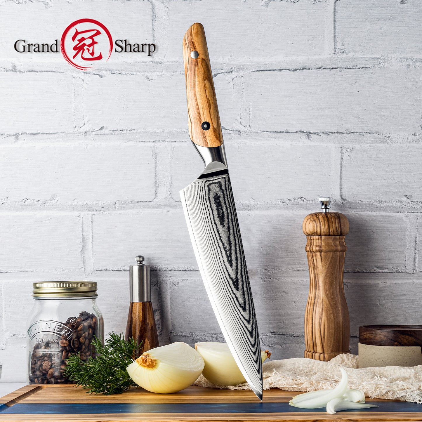 Grandsharp Professional 8 Inch Chef Kitchen Knife Japanese 67 Layers Damascus Steel Kitchen Chef Knife with Olive Wood Handle