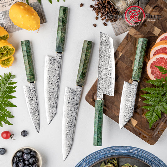 Grandsharp 67 Layers Damascus Kitchen Chef Knife Set with Green Solidified Wood Handle