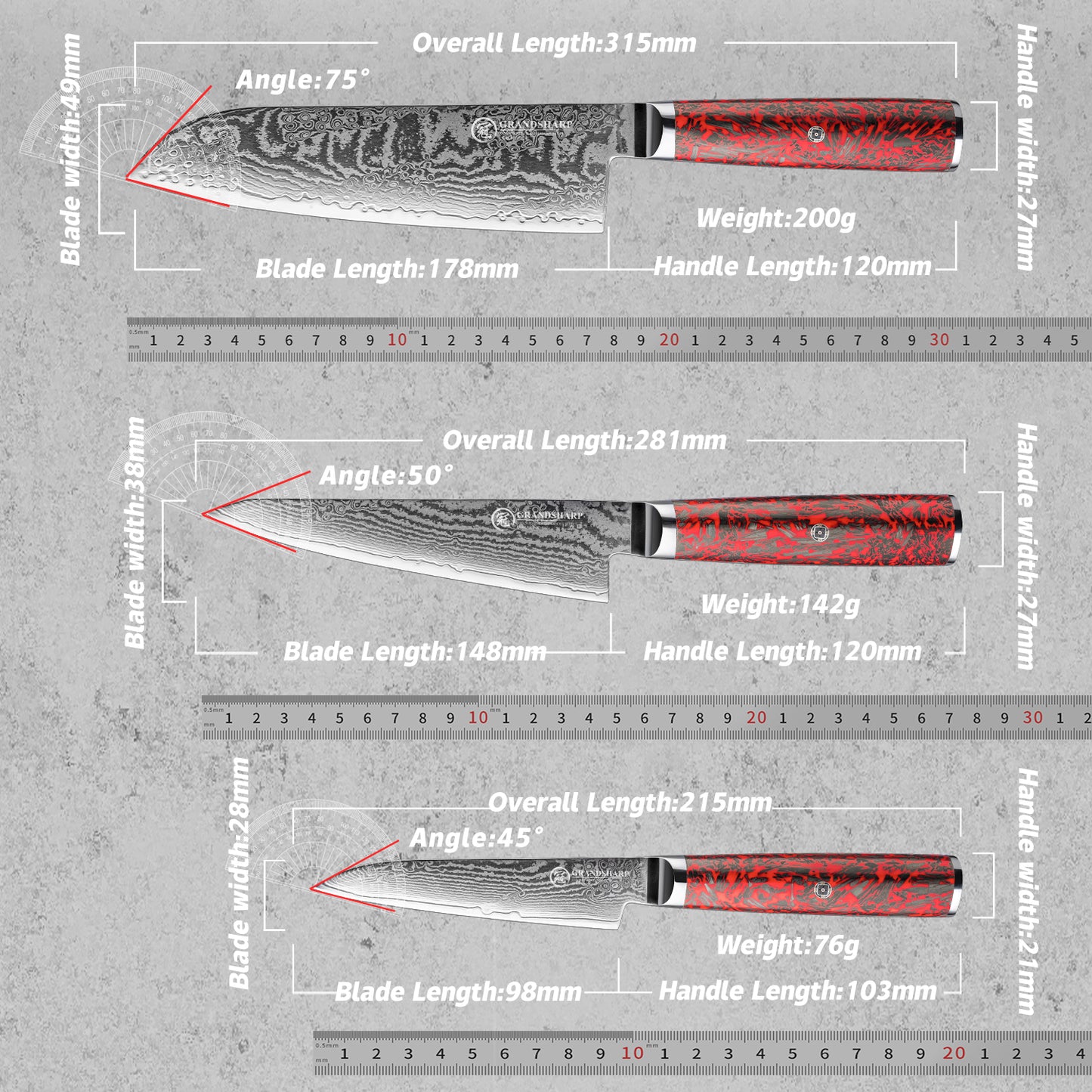 Grandsharp 67 Layers Damascus S35VN Powder Steel Kitchen Chef Knife Set