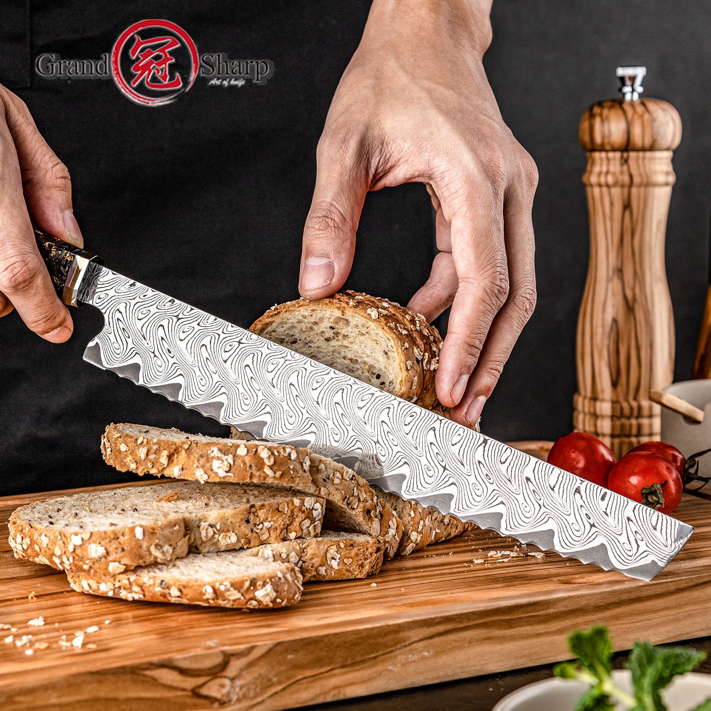Grandsharp Damascus Steel 9.5 Inch Bread Knife 67 Layers Kitchen Bread Knives Carbon Fiber and Gold-foil Resin Handle
