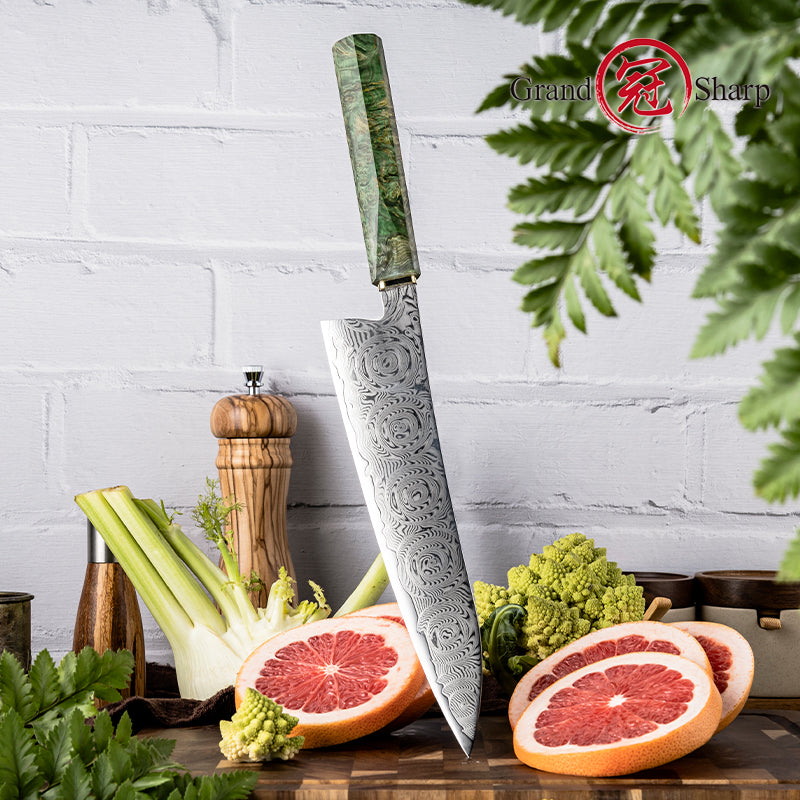 Grandsharp 8.5'' Damascus Kitchen Chef Knife with Solidified Wood and Copper Bolster Handle