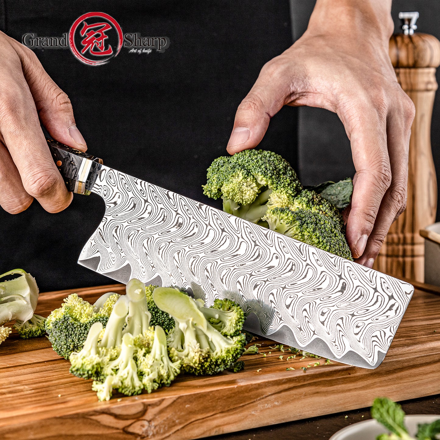 Grandsharp Damascus Steel 7 Inch Nakiri Knife Carbon Fiber Gold-foil Resin Handle