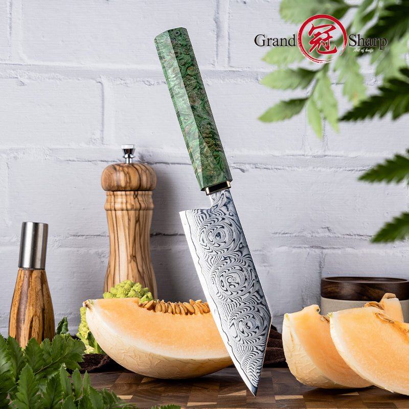 Grandsharp 5.5'' Damascus Kiritsuke Bunka Knife with Solidified Wood & Copper Bolster Handle