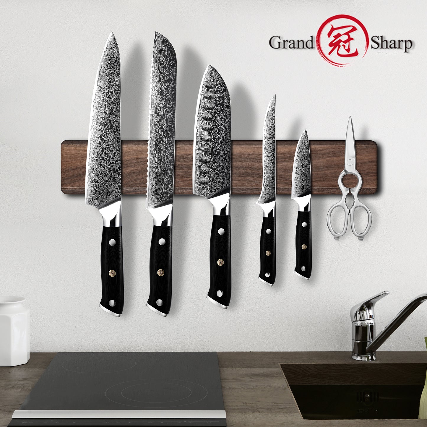 Grandsharp Strong Magnet Walnut Wood Knife Hanger Strip Magnetic Wall Mounted 15.8" Holder