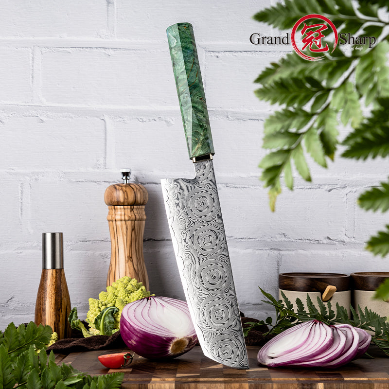 Grandsharp 7 Inch Damascus Kitchen Knife Nakiri Knife with Solidified Wood and Copper Bolster Handle