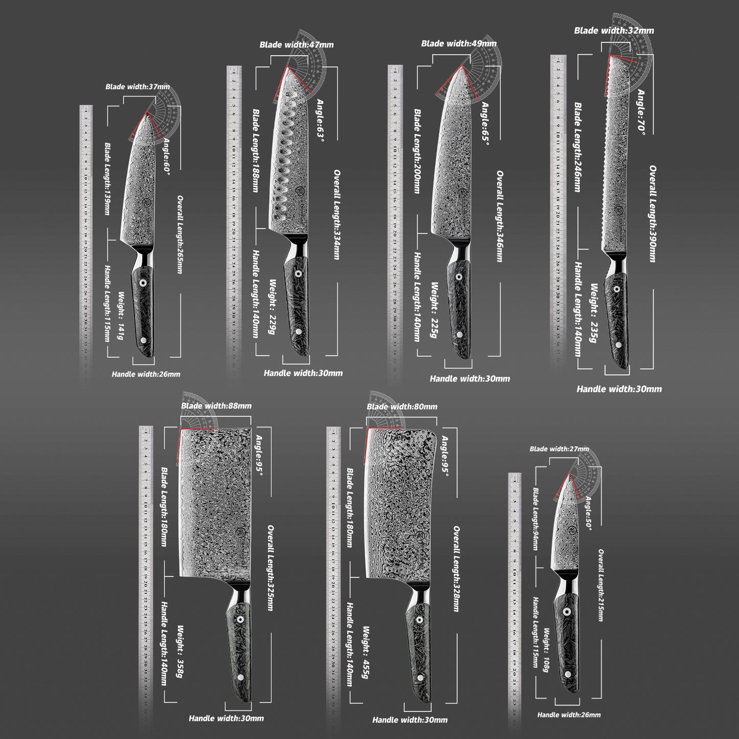 Grandsharp Luxury 67 Layers Damascus AUS10 Steel Kitchen Knives Sets 7 Pcs Chef Kitchen Knife Set with Black Carbon Fiber Handle