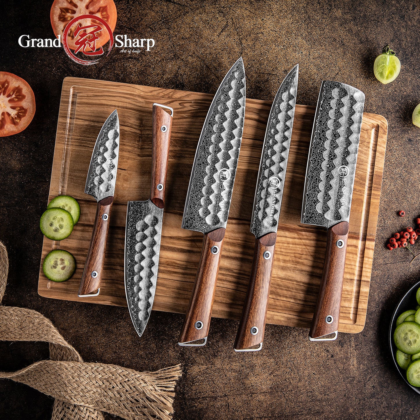 Grandsharp Kitchen Damascus Knife Sets Damascus Steel Chef Slicing Nakiri Utility Paring Knives with Africa Rose Wood Handle