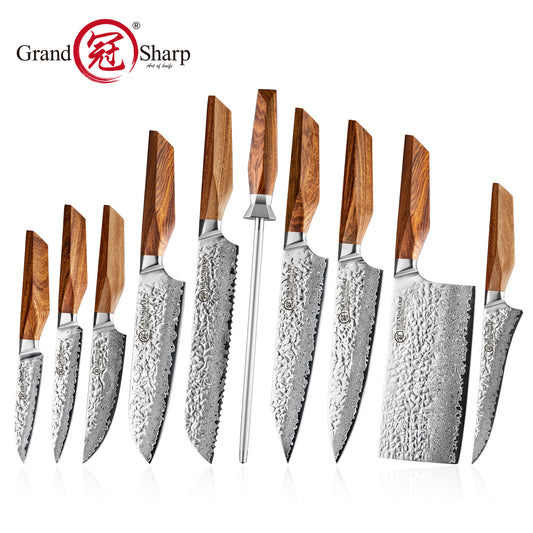 Grandsharp 67 Layers AUS-10 Damascus Kitchen Knife Collection & Honing Rods with Rose Wood Handle